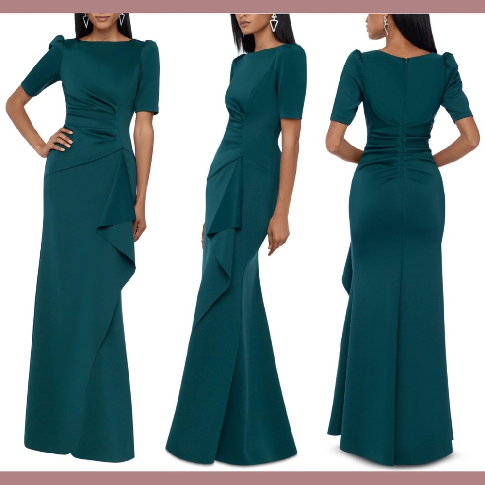 NEW $229 XSCAPE‎ [ 18W ] Side Ruched Ruffle Details Scuba Crepe Gown Green